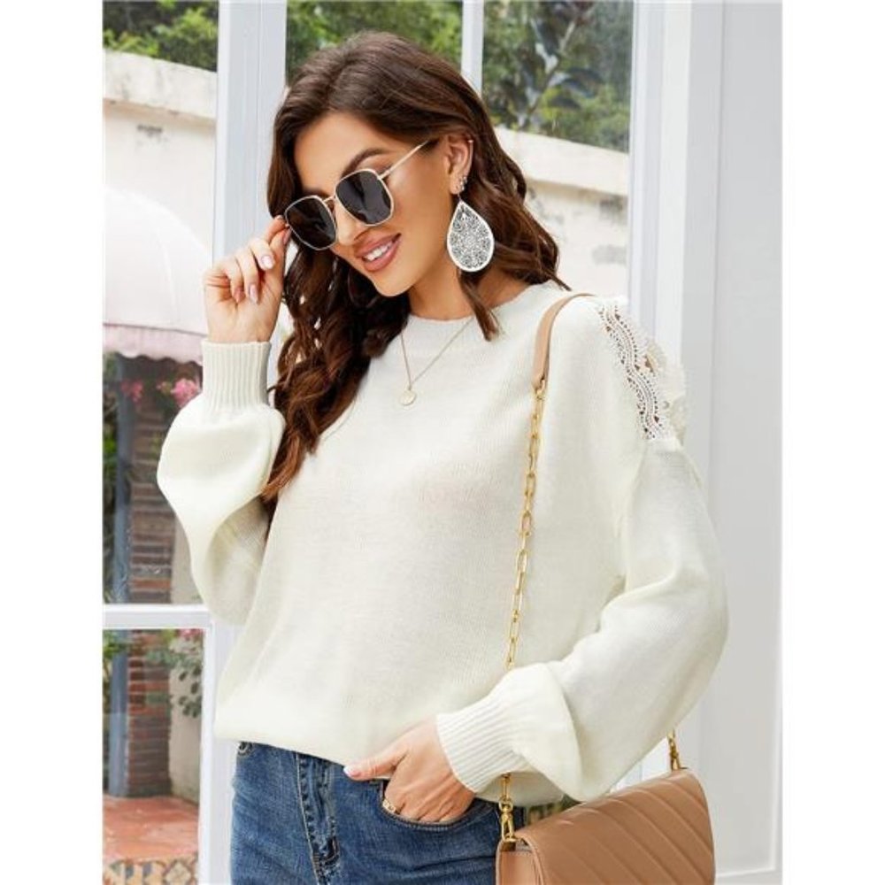 Womens Cold Shoulder Sweaters Long Sleeve Crewneck Lace Crochet Knitwear